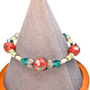 925 Sterling Silver Red Cloisonne Green Crystal Sterling Bead Bracelet